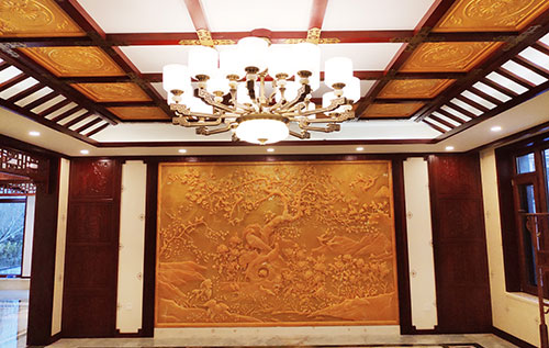 大涌镇中式别墅客厅中式木作横梁吊顶装饰展示